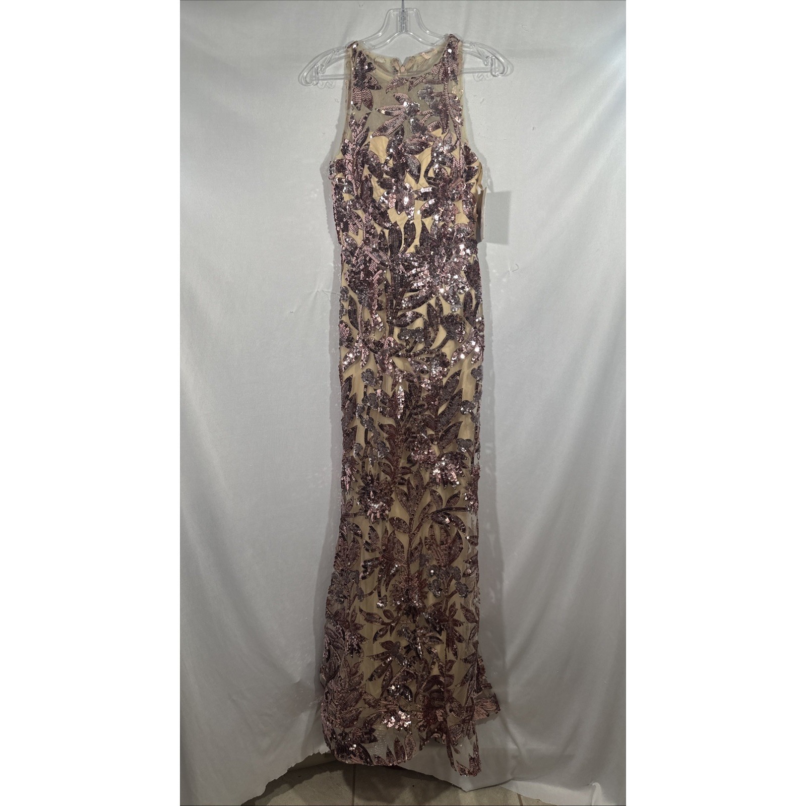 Nwd Hynes Park [ No Sz ] Halter Sequin Floral Evening Gown Nude Rose Gold #J2105